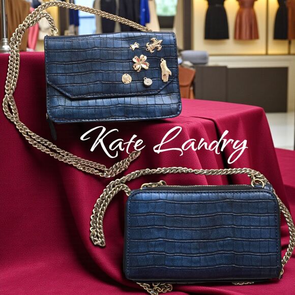 Kate Landry Blue Croc Embossed Cross Body Clutch Shoulder Bag Purse with Charms - Picture 8 of 8